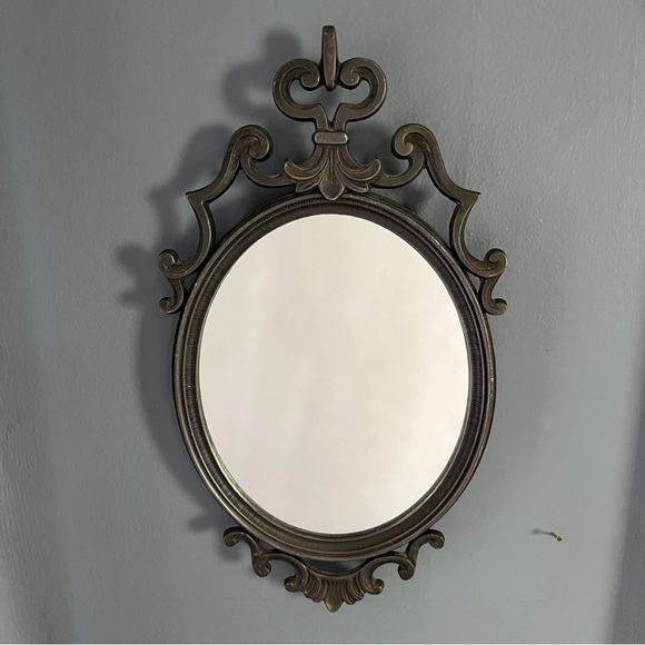 Vintage Gothic Pewter Metal Oval Wall Mirror MCM Victorian - Picture 11 of 13